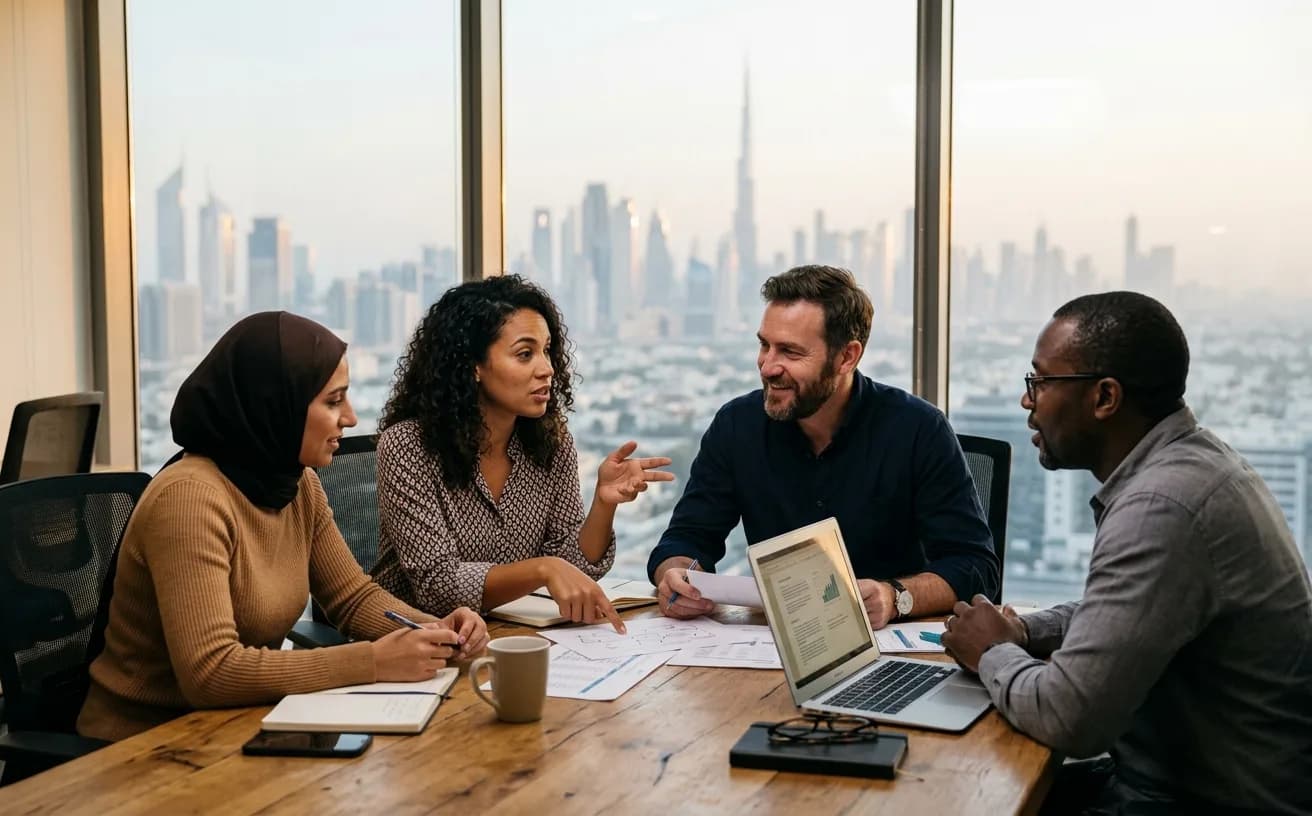 Four colleagues in conversation above the Dubai skyline