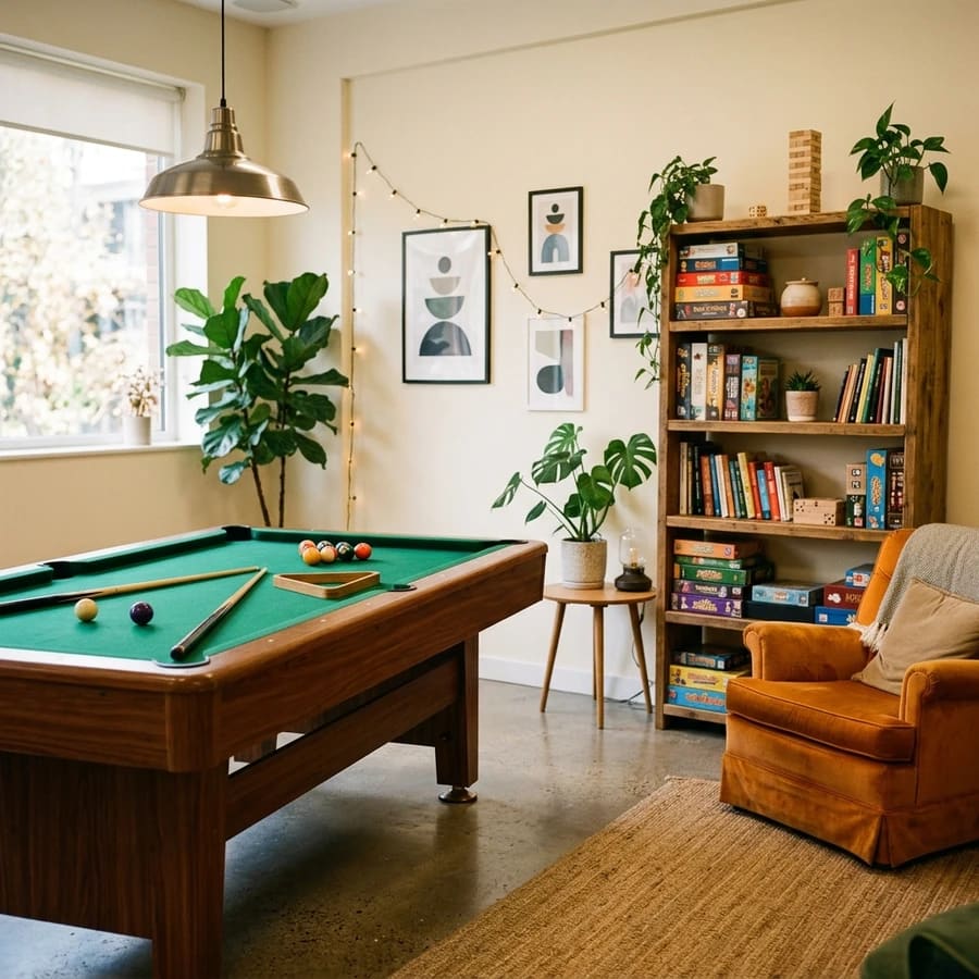 A pool table beside a bookshelf