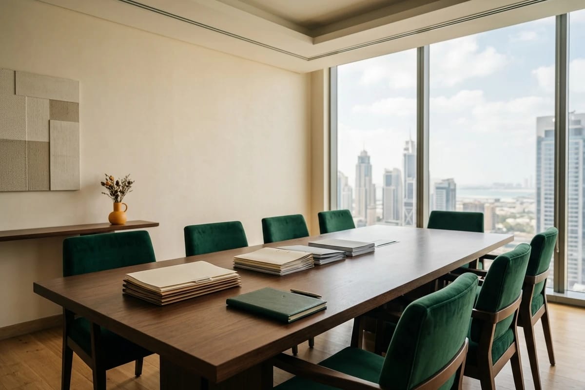 A strategy workshop table with notebooks and a view over Dubai