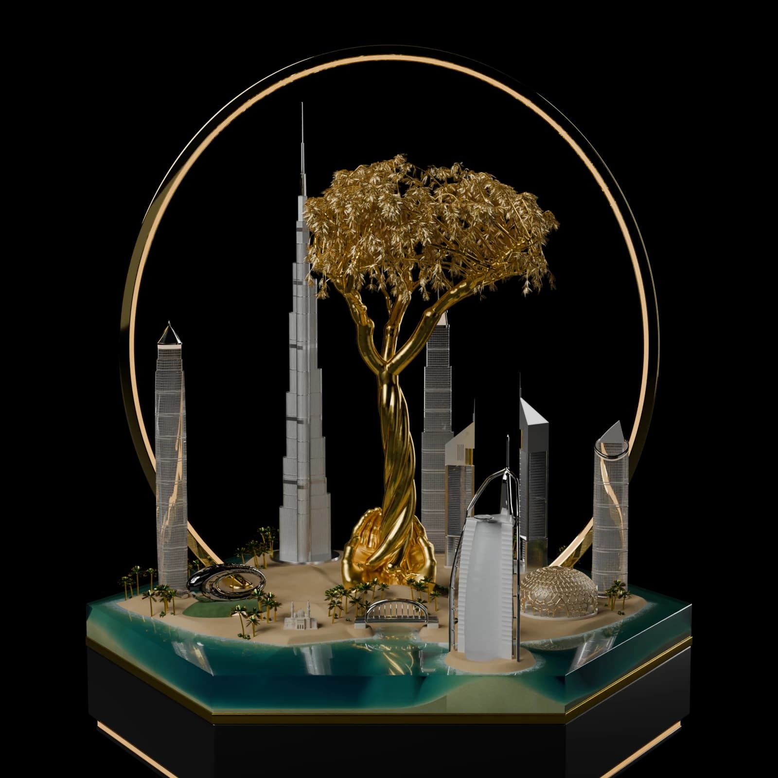 Ghaf Skyline Trophy - Nakoda Atelier, cut out on the Nakoda AI Art Gallery world colour